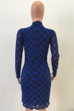 Blue Sexy Long Sleeves O neck Sheath Knee-Length Mini Geometric Club Dresses