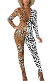 White Fashion street Patchwork Leopard grain Chlorine Long Sleeve O Neck Jumpsuits