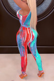 Red Fashion Sexy Print Hollowed Out Backless V Neck Skinny Jumpsuits