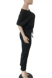Black Fashion Light Solid Polyester Half Sleeve one shoulder collar Jumpsuits