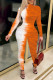 Orange Casual Print Patchwork Turtleneck Skinny Jumpsuits