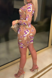 Purple Sexy Print Patchwork O Neck Wrapped Skirt Dresses