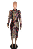 multicolor Fashion Casual Twilled Satin Patchwork Print Floral Color Block Patchwork Basic O Neck Long Sleeve Knee Length Pencil Skirt Dresses