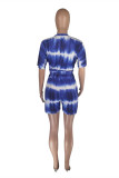 Deep Blue Fashion Casual Print Basic O Neck Short Sleeve Two Pieces