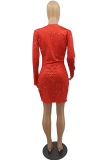 Red Fashion Sexy Print Ripped Hollowed Out O Neck Long Sleeve Mini Dresses