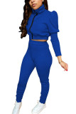 Blue Fashion Casual Adult Solid Patchwork Turtleneck Long Sleeve Hubble-Bubble Sleeve Short Two Pieces