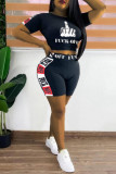 Black Fashion Casual Letter Print Basic O Neck Short Sleeve Two Pieces