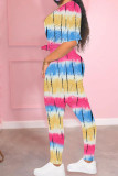 blue and yellow Polyester Fashion Casual adult Ma'am Print Tie Dye Two Piece Suits pencil Short Sleeve Two Pieces