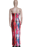 rose red Sexy Print Tie-dye Backless Strapless Pencil Skirt Dresses