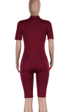 Burgundy Sexy Solid Patchwork Zipper Collar Skinny Rompers