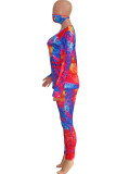 Blue Fashion Sexy Adult Polyester Print Split Joint Tie-dye O Neck Long Sleeve Regular Sleeve Regular Two Pieces