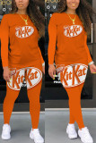Orange Fashion Casual Adult Twilled Satin Print O Neck Long Sleeve Regular Sleeve Regular Two Pieces