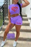 Purple Fashion Casual Print Basic O Neck Short Sleeve Two Pieces