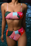 Rose Red Sexy Print Split Joint Swimwears Three Pieces