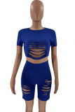 Blue Casual Solid Ripped Asymmetrical O Neck Short Sleeve Two Pieces