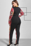 As Show Polyester Sexy O Neck Patchwork Zippered Sequin Floral Stitching Plus Size Jumpsuits