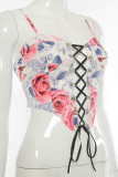 Rose Sexy Print Hollowed Out Frenulum Backless Spaghetti Strap Mid Waist Tops