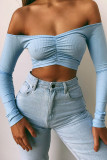 White Red Black Blue Pink Orange One word collar Long Sleeve Solid Tops