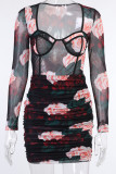 Black Sexy College Print Floral Square Collar Pencil Skirt Dresses
