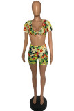 Multicolor Fashion Sexy Print Basic V Neck Short Sleeve Two Pieces