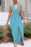 Rose Red Fashion Sexy Solid Hollowed Out Backless Slit Halter Sleeveless Dress