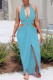 Blue Fashion Sexy Solid Hollowed Out Backless Slit Halter Sleeveless Dress