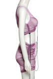 Purple Fashion Sexy Print Draw String See-through Oblique Collar Sleeveless Two Pieces