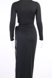 Black Sexy Solid Hollowed Out Frenulum Fold Mandarin Collar Long Sleeve Ankle Length Pencil Skirt Dresses