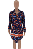 Tibetan Blue Sexy Print Patchwork Turndown Collar Straight Dresses