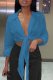Light Blue Casual Solid Bandage Turndown Collar Tops