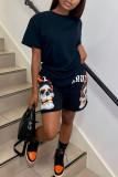 Black Fashion Casual Print Basic O Neck Short Sleeve Two Pieces
