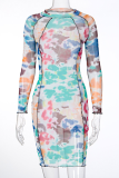 Colour Sexy Print See-through Mesh O Neck Wrapped Skirt Dresses