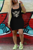 Rose Red Fashion Sexy Print Basic U Neck Vest Dress