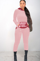 Pink Polyester Casual Sequin Solid Two Piece Suits Patchwork pencil Long Sleeve