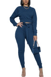 Navy Blue Fashion Casual Adult Solid Patchwork O Neck Long Sleeve Regular Sleeve Short Two Pieces