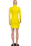 Yellow Fashion Casual Adult Letter Solid Embroidered Letter O Neck Long Sleeve Mini Pencil Skirt Dresses