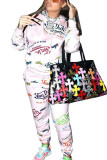 Pink Casual Polyester Print Split Joint Hooded Collar Long Sleeve Regular Sleeve Regular Two Pieces