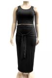Black Polyester Fashion adult Sexy O Neck Bandage Two Piece Suits Solid