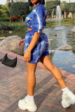 Deep Blue Fashion Casual Print Basic O Neck Short Sleeve Two Pieces