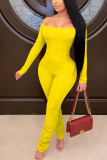 Yellow Fashion Sexy Adult Polyester Solid Split Joint Bateau Neck Skinny Jumpsuits