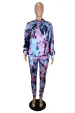 Blue Fashion Casual Print Tie-dye Hooded Collar Long Sleeve Two Pieces