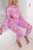 Pink Fashion Sexy Print Basic O Neck Long Sleeve Two Pieces