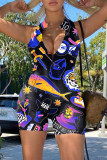 Black Fashion Sexy Print Backless Zipper Collar Skinny Romper