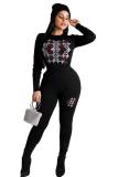 Black Polyester Fashion adult Casual asymmetrical Print contrast color diamonds Patchwork Two Piece Suits
