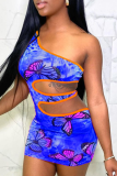 Pink Sexy Print Hollowed Out One Shoulder Pencil Skirt Dresses