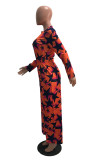 Orange Red Fashion Print Without Belt O Neck Jumpsuits