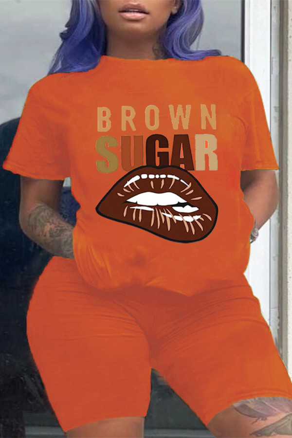 Orange Fashion Casual Letter Lips Printed Basic O Neck Short Sleeve Two Pieces
