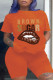 Orange Fashion Casual Letter Lips Printed Basic O Neck Short Sleeve Two Pieces