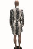 Silver Casual Shirt sleeves Long Sleeves Turndown Collar Step Skirt Knee-Length Print