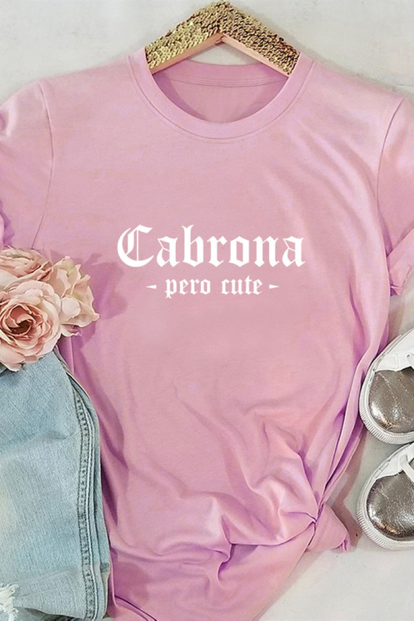 Pink Fashion Casual Letter Print Basic O Neck Tops
